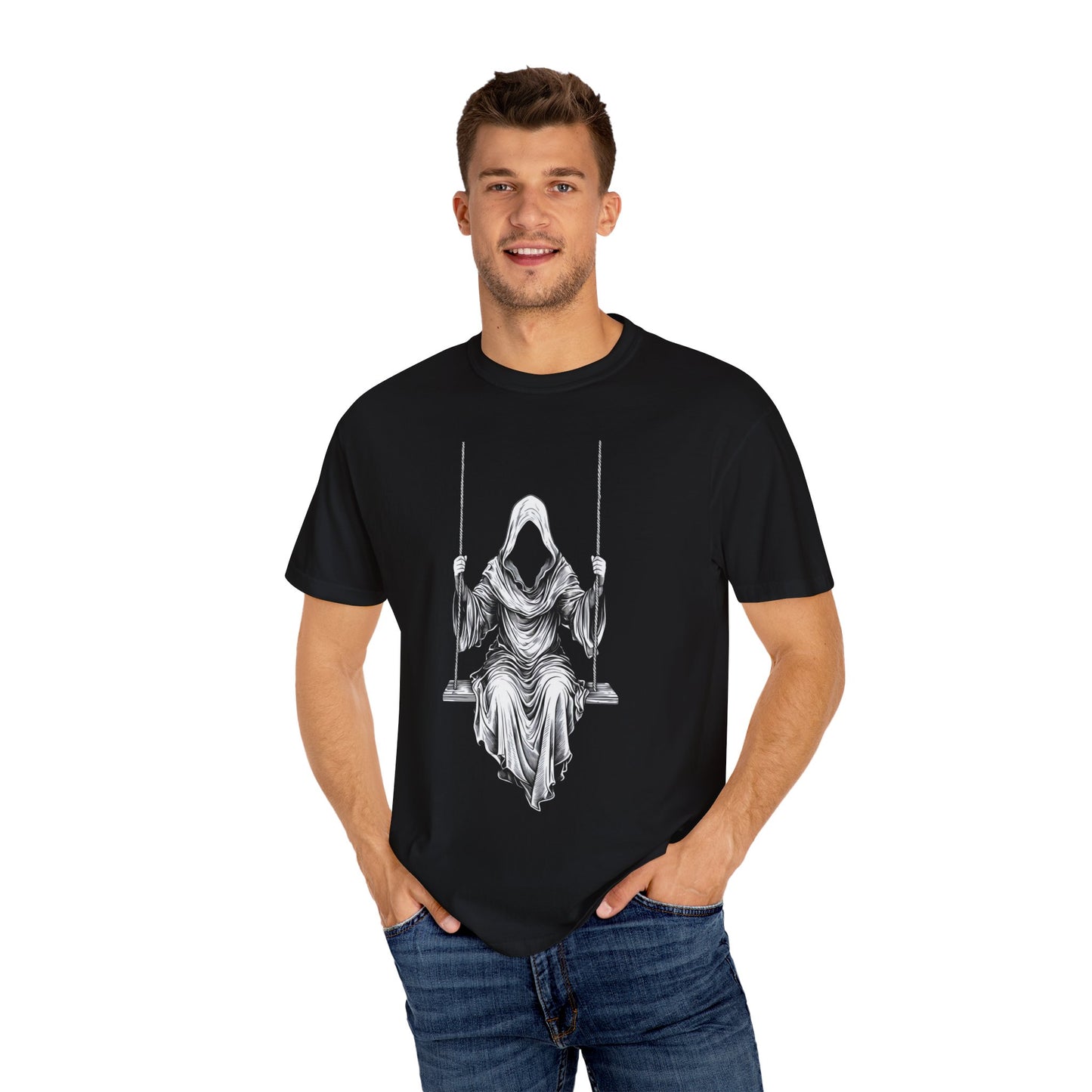 Eerie Swinging Specter T-shirt | Unisex Gothic Apparel, Halloween Costume, Spooky Gift, Unique Graphic Tee, Dark Aesthetic Fashion