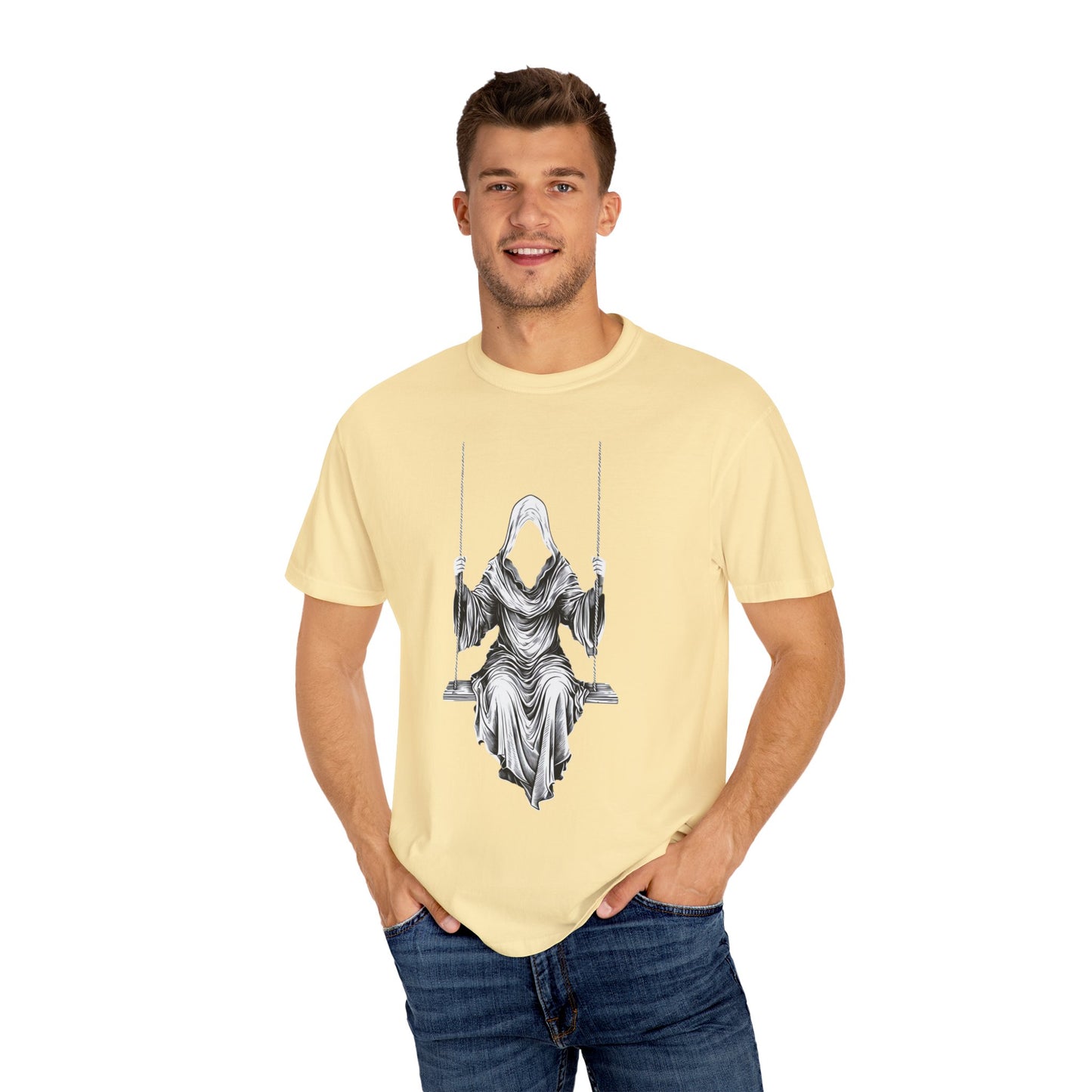 Eerie Swinging Specter T-shirt | Unisex Gothic Apparel, Halloween Costume, Spooky Gift, Unique Graphic Tee, Dark Aesthetic Fashion