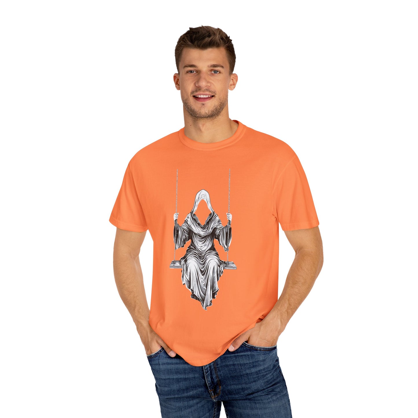 Eerie Swinging Specter T-shirt | Unisex Gothic Apparel, Halloween Costume, Spooky Gift, Unique Graphic Tee, Dark Aesthetic Fashion