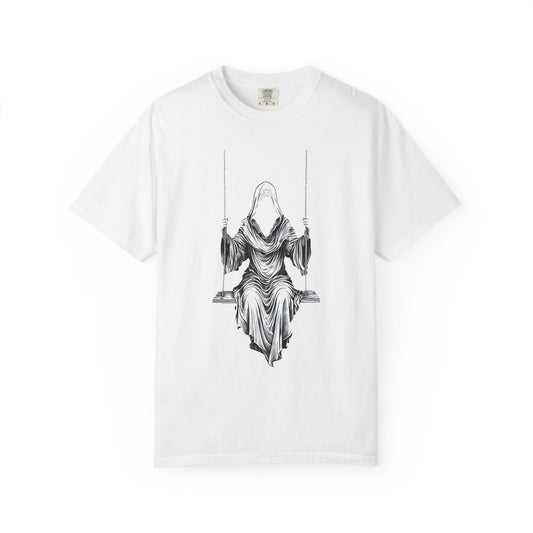 Eerie Swinging Specter T-shirt | Unisex Gothic Apparel, Halloween Costume, Spooky Gift, Unique Graphic Tee, Dark Aesthetic Fashion