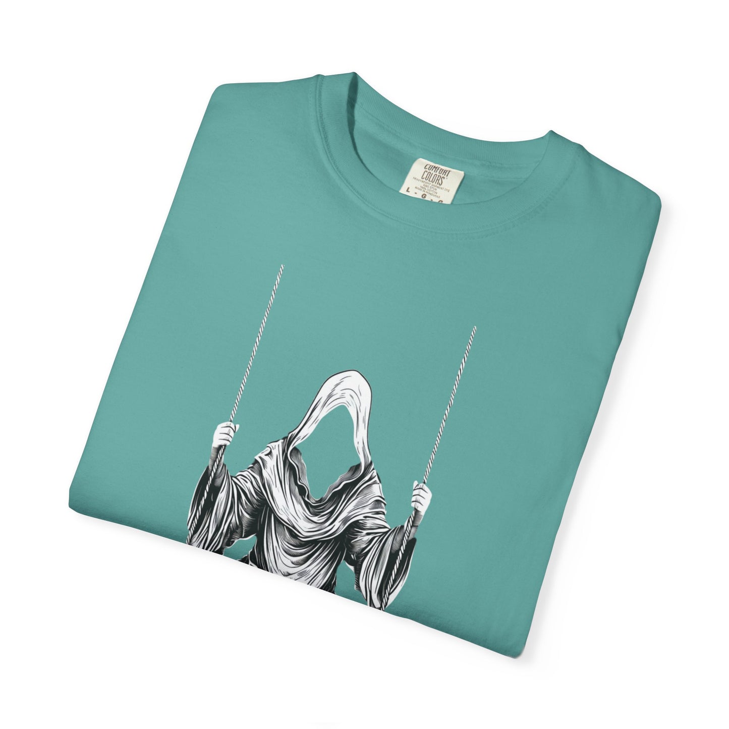 Eerie Swinging Specter T-shirt | Unisex Gothic Apparel, Halloween Costume, Spooky Gift, Unique Graphic Tee, Dark Aesthetic Fashion