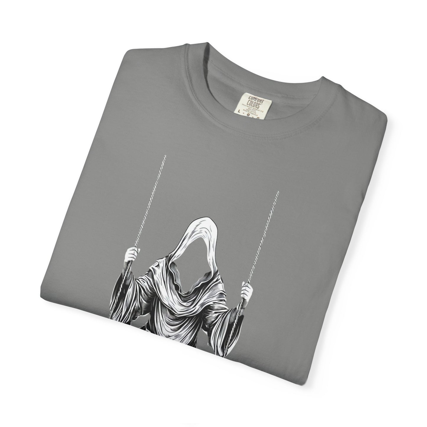 Eerie Swinging Specter T-shirt | Unisex Gothic Apparel, Halloween Costume, Spooky Gift, Unique Graphic Tee, Dark Aesthetic Fashion