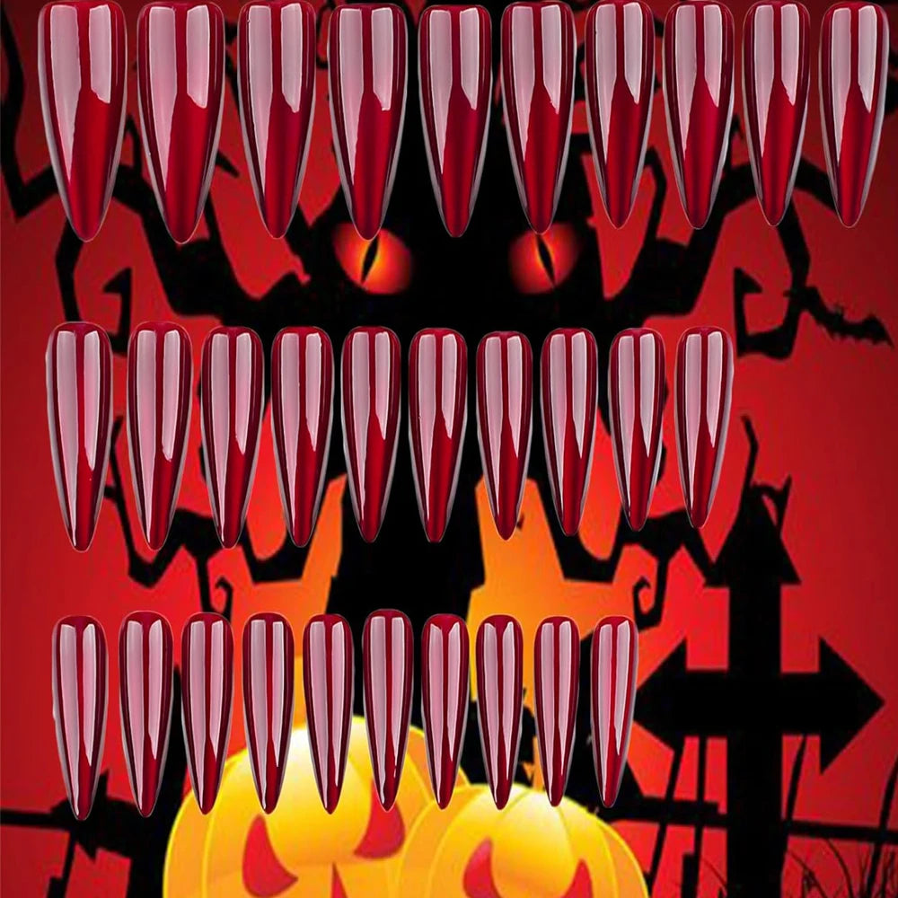 30Pcs Halloween Glossy Red Long Almond Press On Nails XS/S/M Cat's Eye Fake Nail Y2K False Fingertips for Party Festival Wear *&