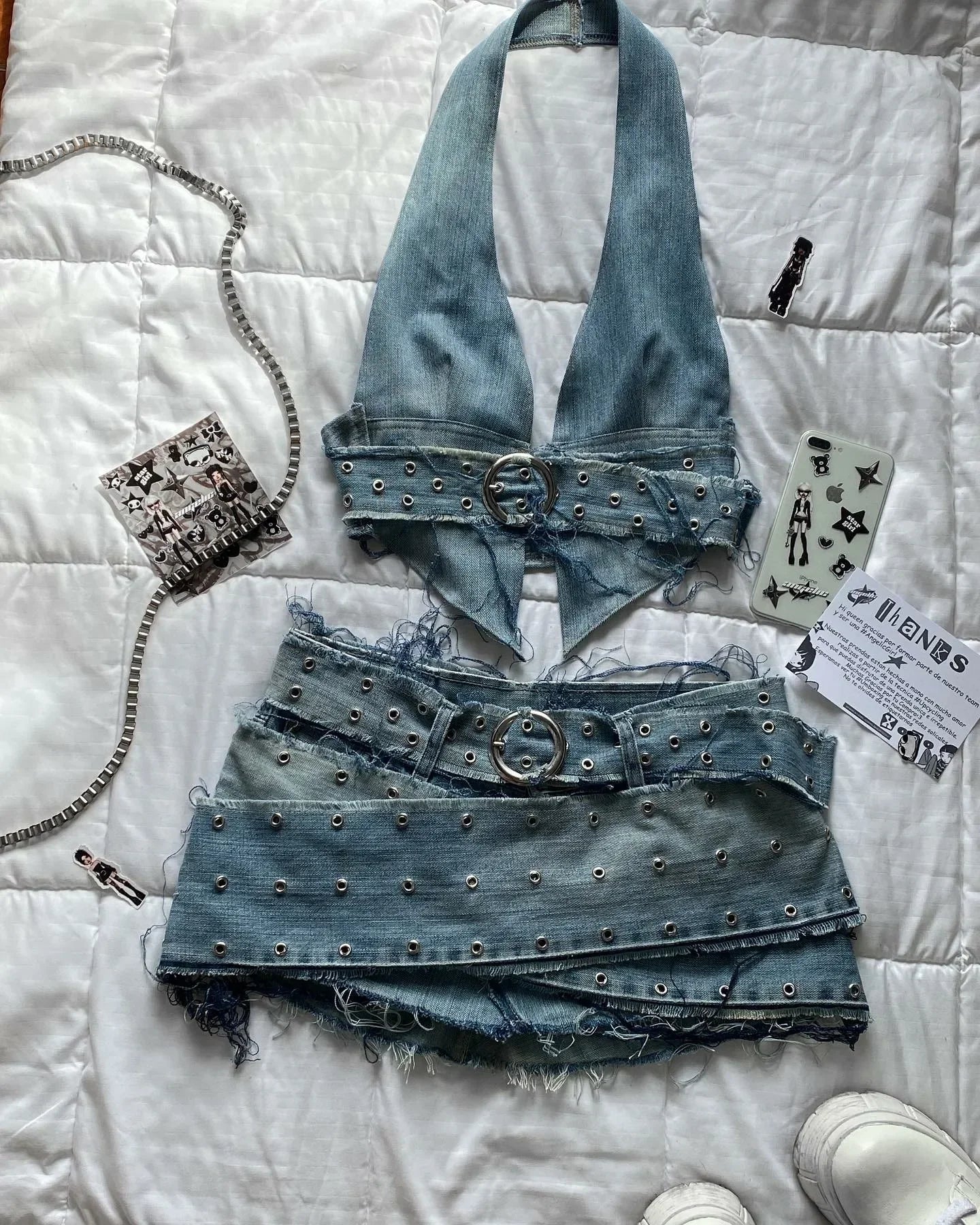 Harajuku Black Y2k Mini Skirt Sets Denim Splicing Leather Two Piece Sets Women Outfits Sexy Girl Gothic Camisole Tops Streetwear