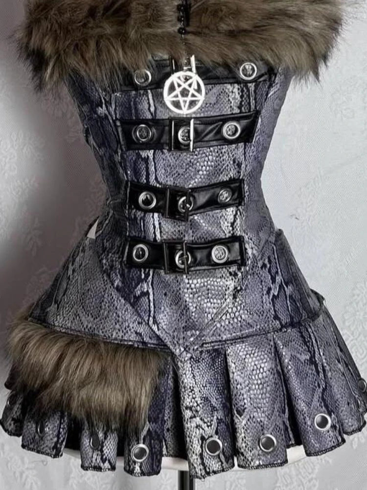 Summer Gothic Retro Fur Trim Corset Design Woman Suit Y2k Slim Lolita Elegant 2 Piece Sets Female Korea Style Sexy Outfits