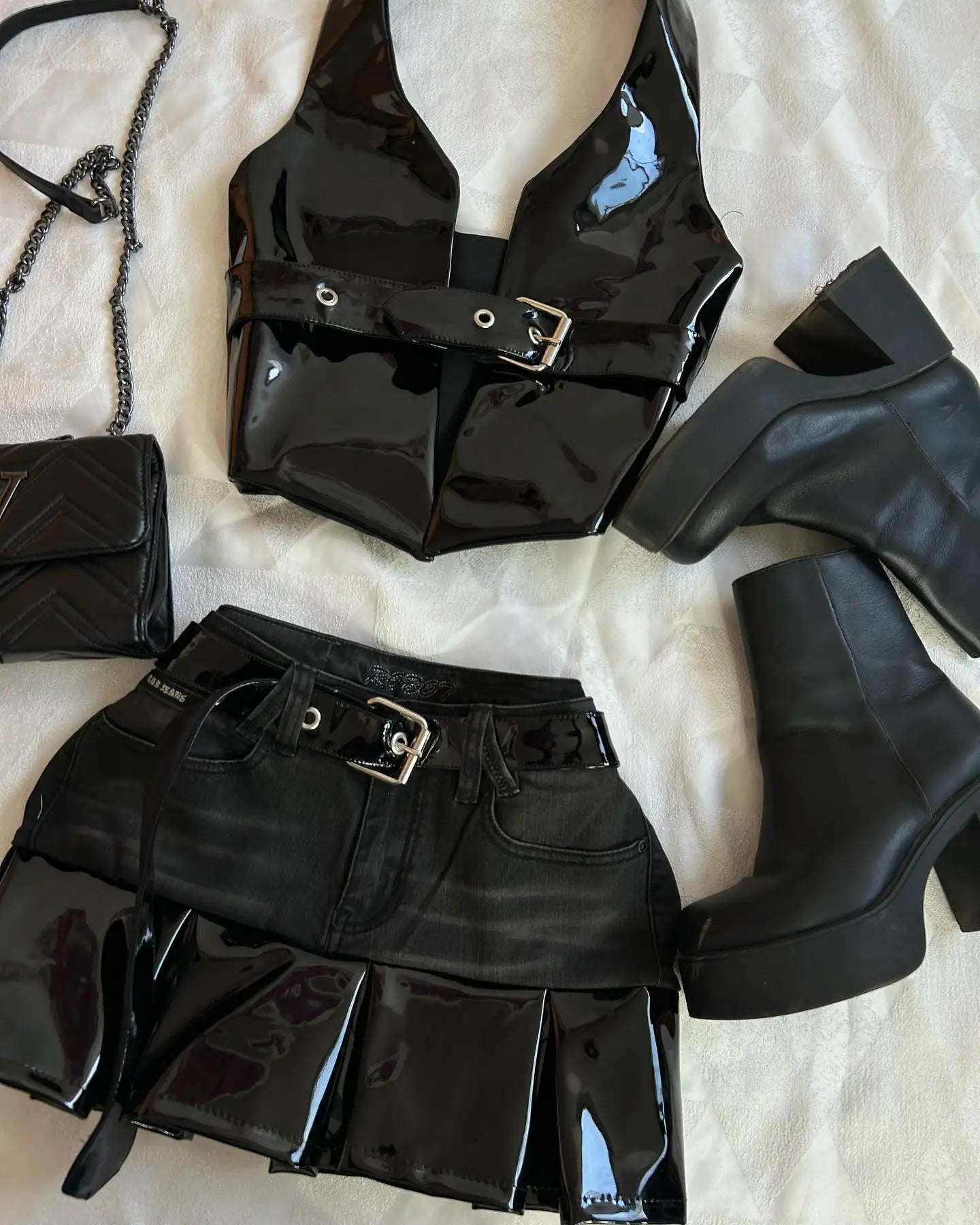 Harajuku Black Y2k Mini Skirt Sets Denim Splicing Leather Two Piece Sets Women Outfits Sexy Girl Gothic Camisole Tops Streetwear