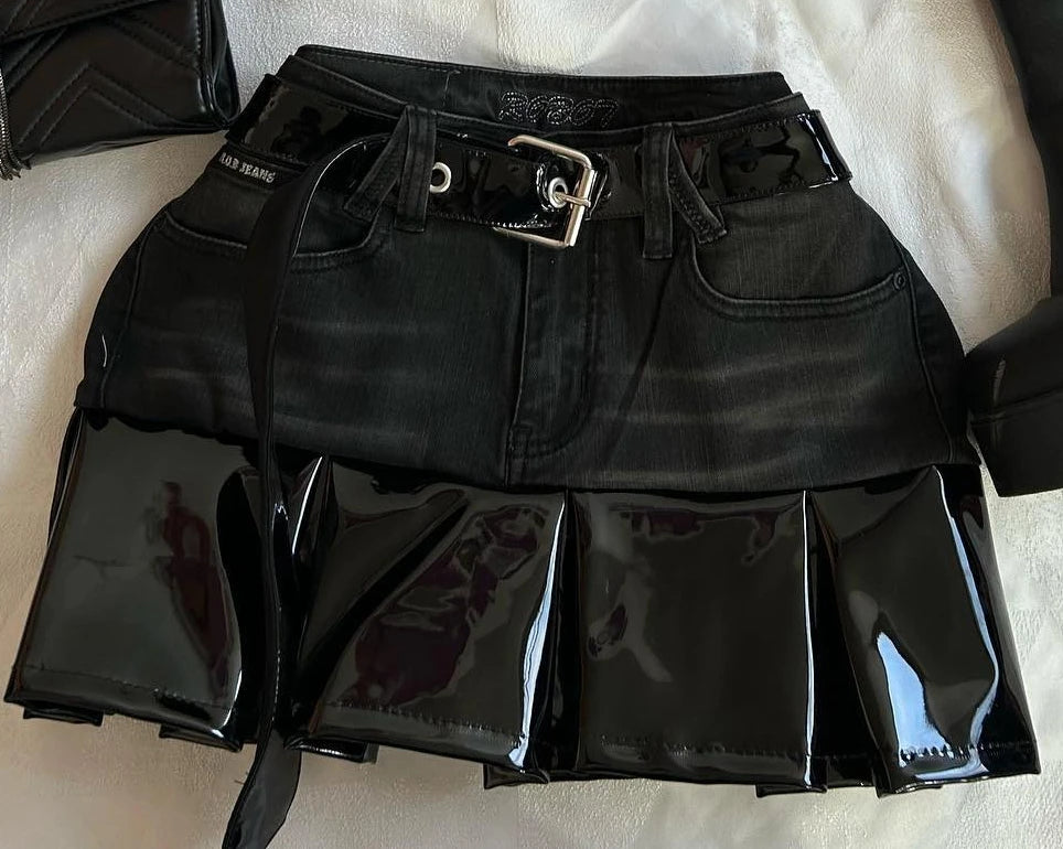 Harajuku Black Y2k Mini Skirt Sets Denim Splicing Leather Two Piece Sets Women Outfits Sexy Girl Gothic Camisole Tops Streetwear