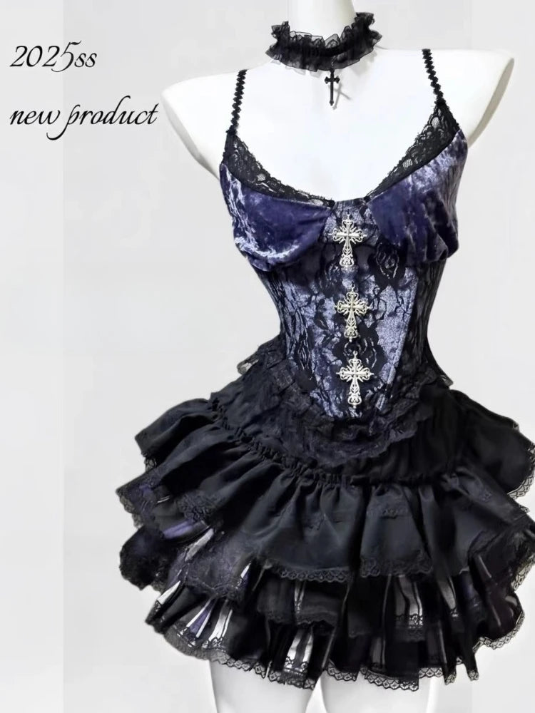 Summer Gothic Retro Fur Trim Corset Design Woman Suit Y2k Slim Lolita Elegant 2 Piece Sets Female Korea Style Sexy Outfits