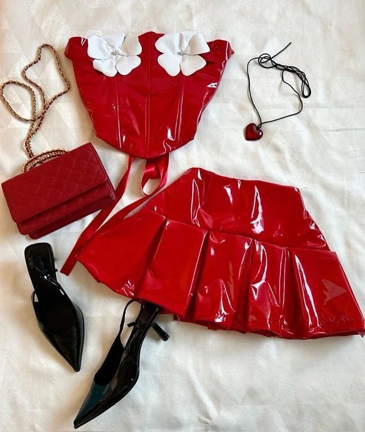 Harajuku Black Y2k Mini Skirt Sets Denim Splicing Leather Two Piece Sets Women Outfits Sexy Girl Gothic Camisole Tops Streetwear