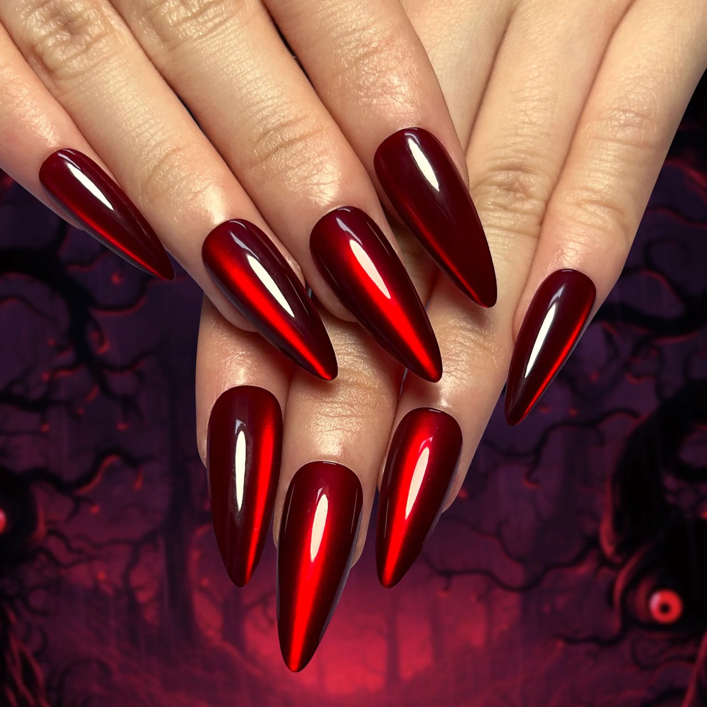 24pcs Long Almond False Nails Red Cat Eye French Ballerina Nails Press on Nails Halloween Fake Nails Detachable Nail Tips