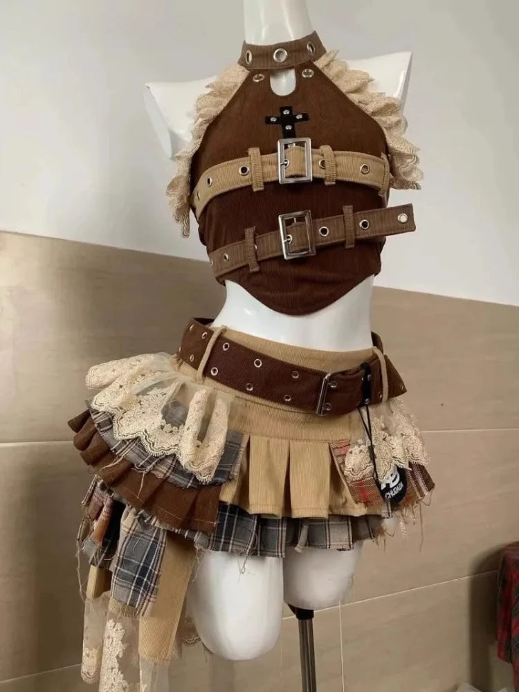 Summer Gothic Retro Fur Trim Corset Design Woman Suit Y2k Slim Lolita Elegant 2 Piece Sets Female Korea Style Sexy Outfits