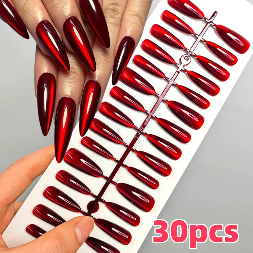 30Pcs Halloween Glossy Red Long Almond Press On Nails XS/S/M Cat's Eye Fake Nail Y2K False Fingertips for Party Festival Wear *&