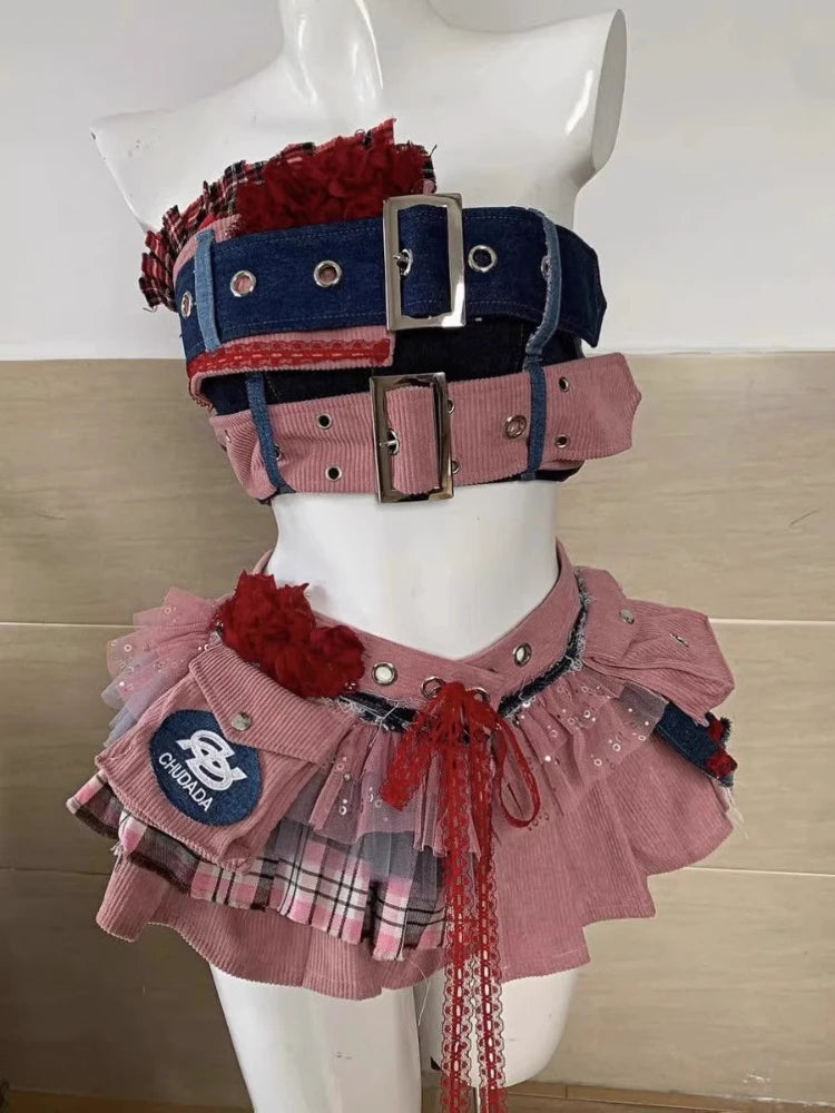 Summer Gothic Retro Fur Trim Corset Design Woman Suit Y2k Slim Lolita Elegant 2 Piece Sets Female Korea Style Sexy Outfits