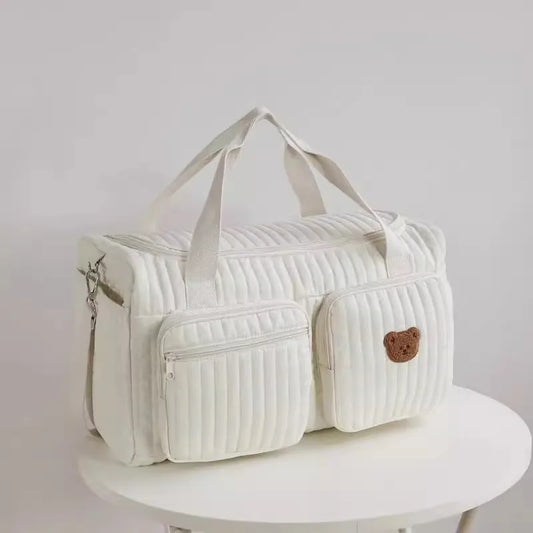 Baby Diaper Bag Cute Bear Flower Embroidery Pattern Mommy Bag Baby Beige Cotton Fabric Zipper Diaper Handbag New Luggage Bag
