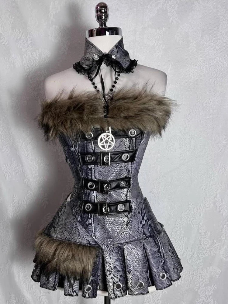 Summer Gothic Retro Fur Trim Corset Design Woman Suit Y2k Slim Lolita Elegant 2 Piece Sets Female Korea Style Sexy Outfits