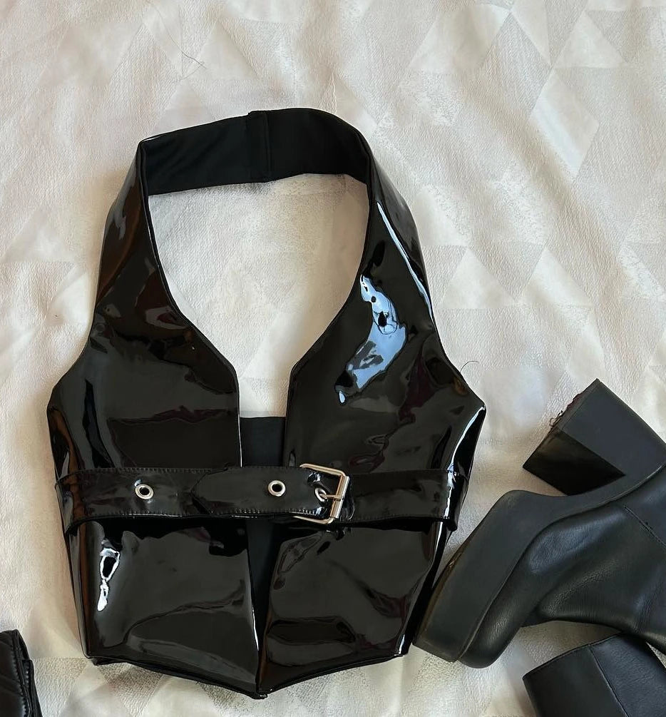 Harajuku Black Y2k Mini Skirt Sets Denim Splicing Leather Two Piece Sets Women Outfits Sexy Girl Gothic Camisole Tops Streetwear