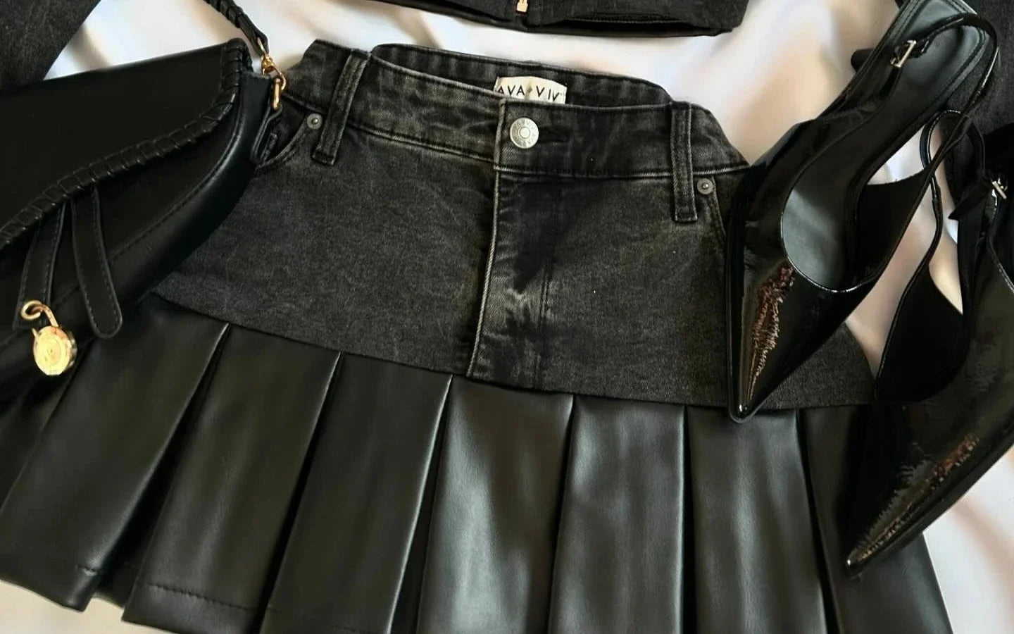 Harajuku Black Y2k Mini Skirt Sets Denim Splicing Leather Two Piece Sets Women Outfits Sexy Girl Gothic Camisole Tops Streetwear