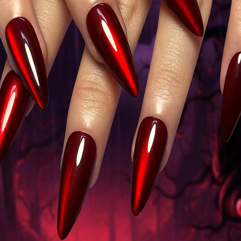 30Pcs Halloween Glossy Red Long Almond Press On Nails XS/S/M Cat's Eye Fake Nail Y2K False Fingertips for Party Festival Wear *&