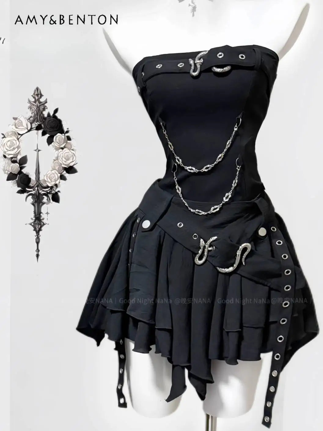 Snake Splicing Chain Tub Top High Waist Slim Mini Skirt Two Piece Sets Womens Outifits