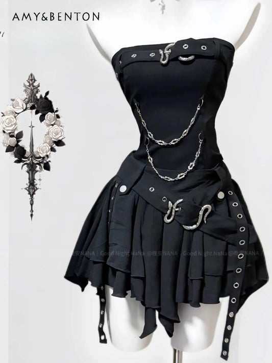 Snake Splicing Chain Tub Top High Waist Slim Mini Skirt Two Piece Sets Womens Outifits