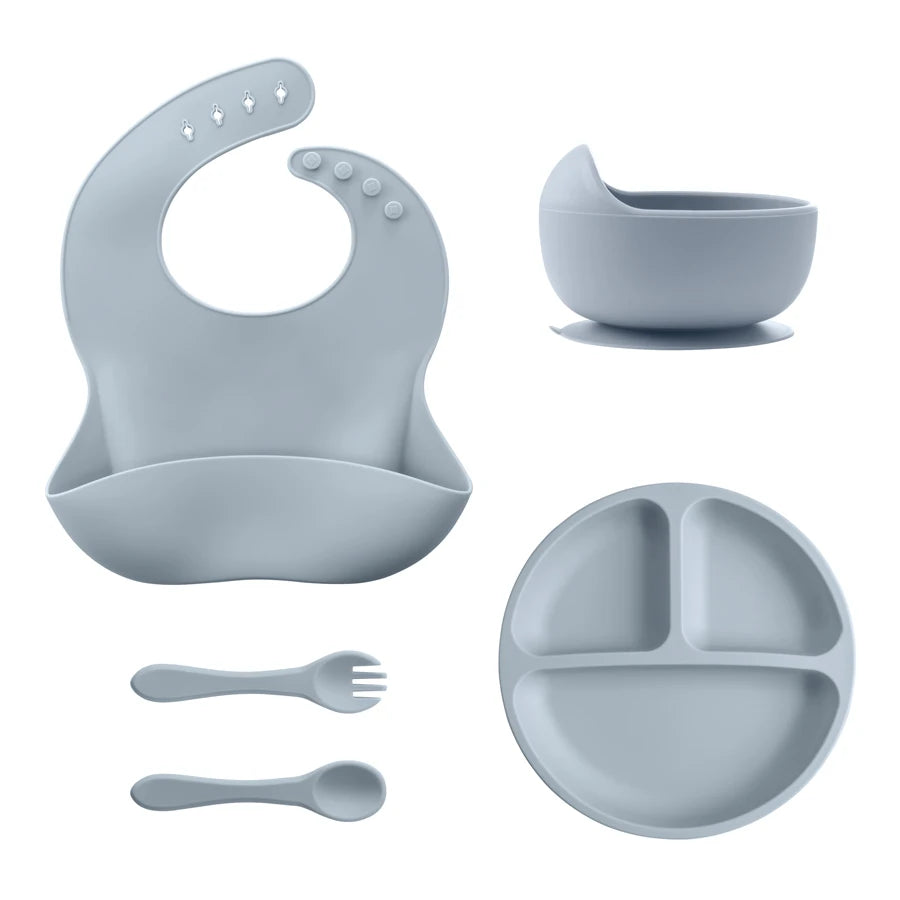 5Pcs Baby Silicone Feeding Set Round Dining Plate Sucker Bowl Dishes For Kids Waterproof Bib Children's Tableware Straw Cup