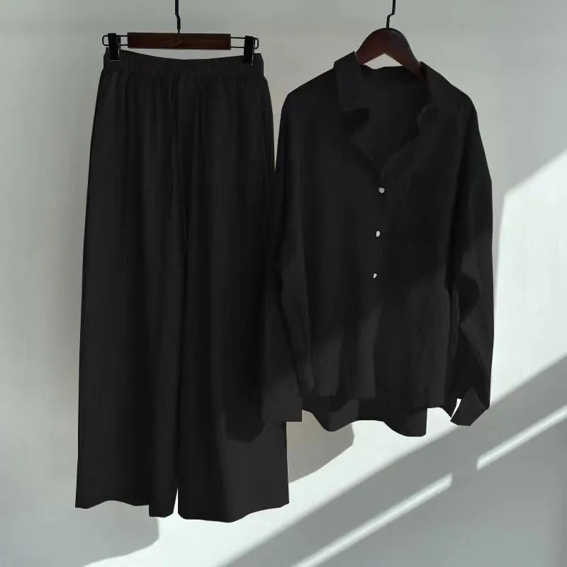 Modest Muslim Women Sets Ensemble Two Pieces Single-Breasted Button Shirt Solid Blouses & Wide-Leg Pants Arab Islam Spring