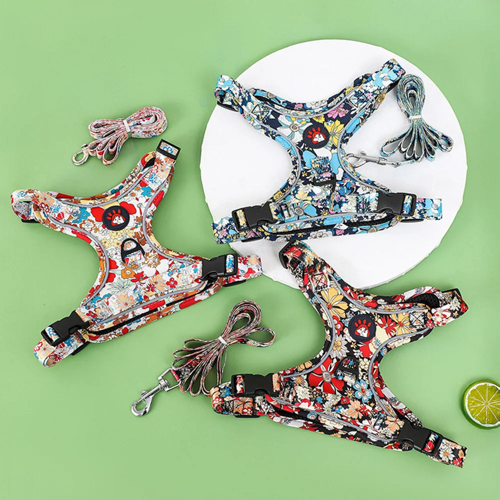 Fashion Printed Puppy Dog Harness and Leash Set Reflective Breathable Pet Outdoor Walking Supplies for Small Medium Dogs