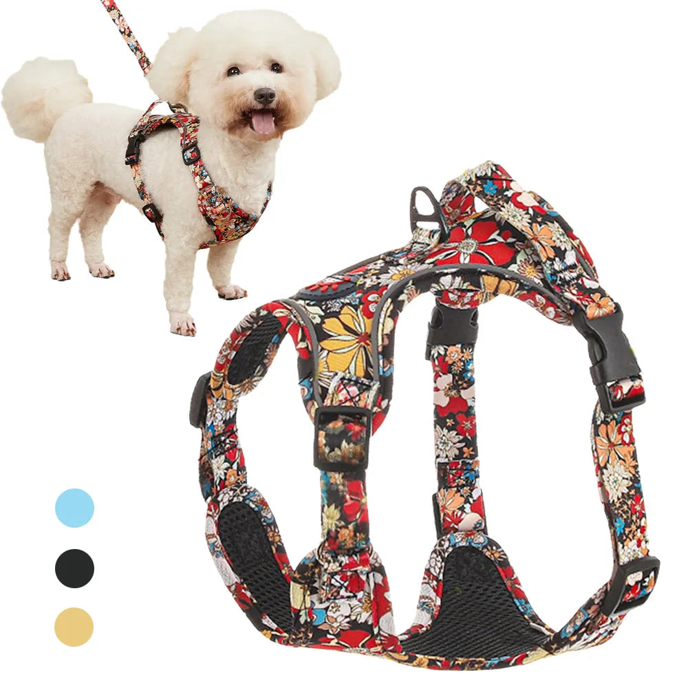 Fashion Printed Puppy Dog Harness and Leash Set Reflective Breathable Pet Outdoor Walking Supplies for Small Medium Dogs