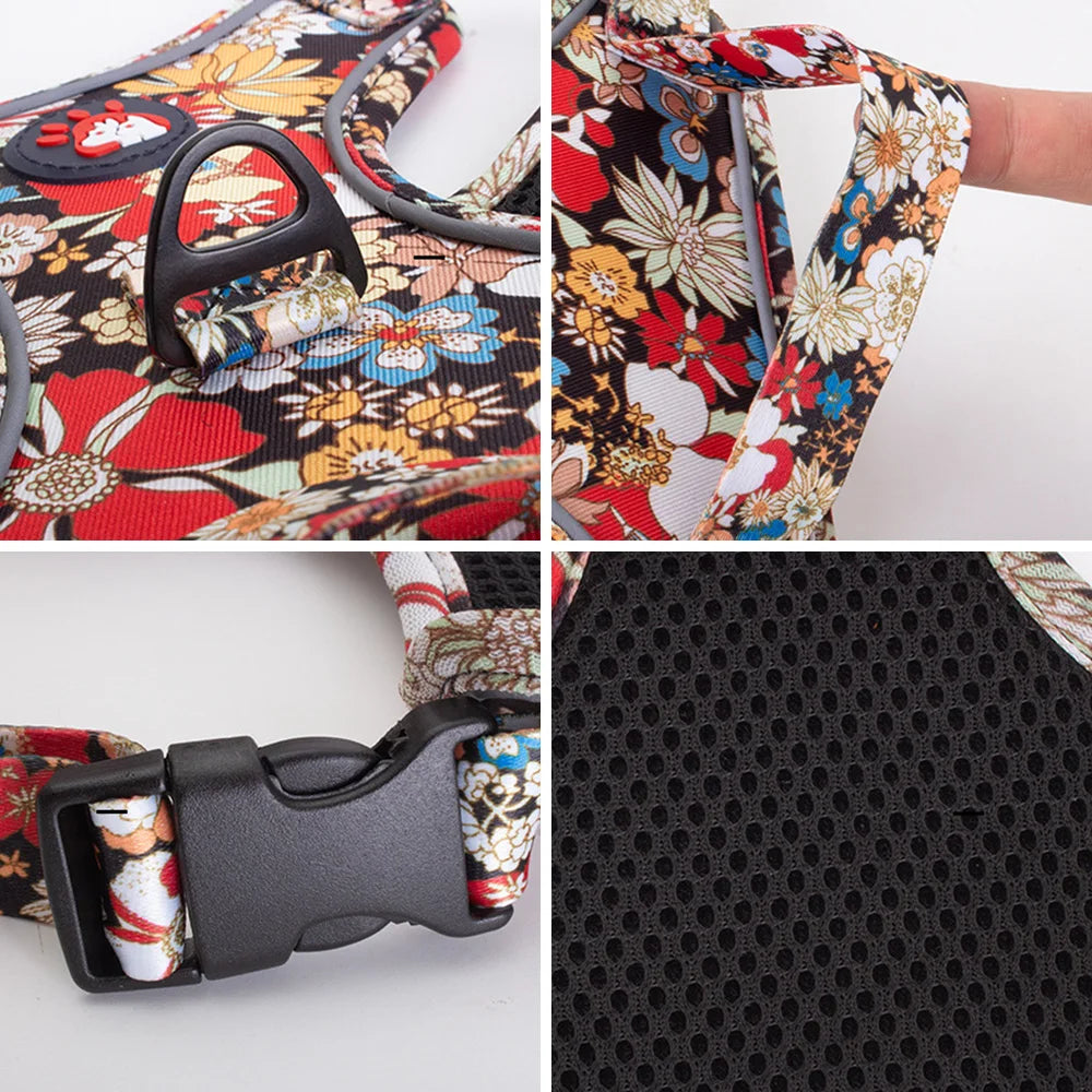 Fashion Printed Puppy Dog Harness and Leash Set Reflective Breathable Pet Outdoor Walking Supplies for Small Medium Dogs