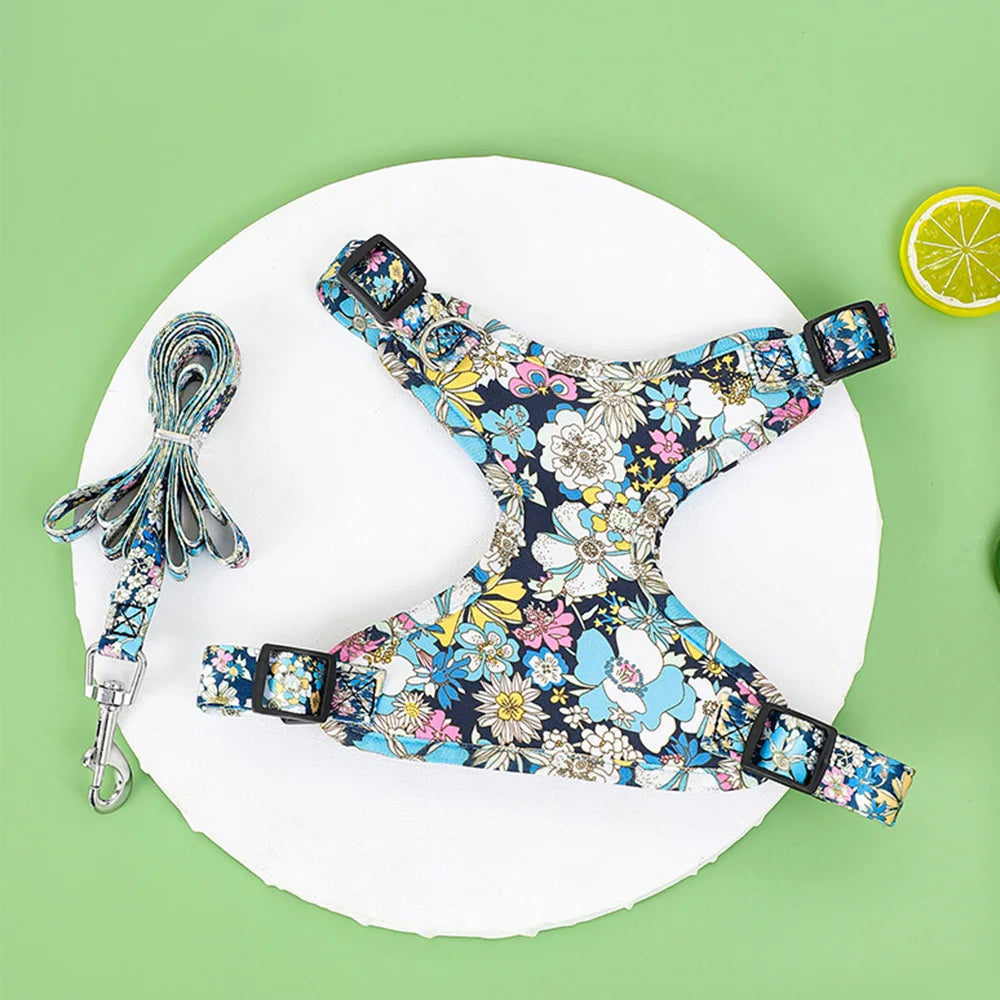 Fashion Printed Puppy Dog Harness and Leash Set Reflective Breathable Pet Outdoor Walking Supplies for Small Medium Dogs