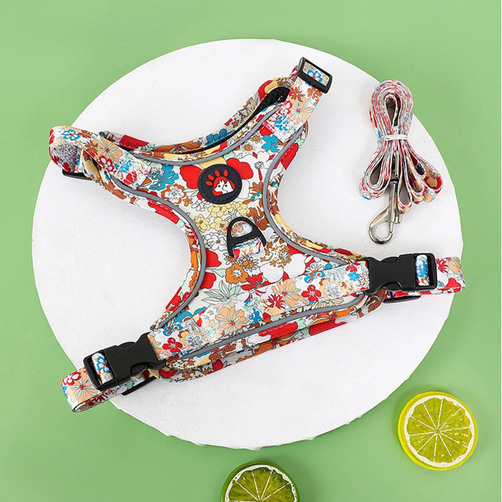 Fashion Printed Puppy Dog Harness and Leash Set Reflective Breathable Pet Outdoor Walking Supplies for Small Medium Dogs