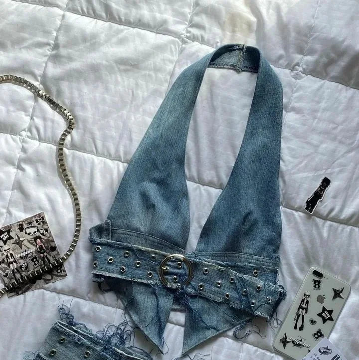 Harajuku Black Y2k Mini Skirt Sets Denim Splicing Leather Two Piece Sets Women Outfits Sexy Girl Gothic Camisole Tops Streetwear