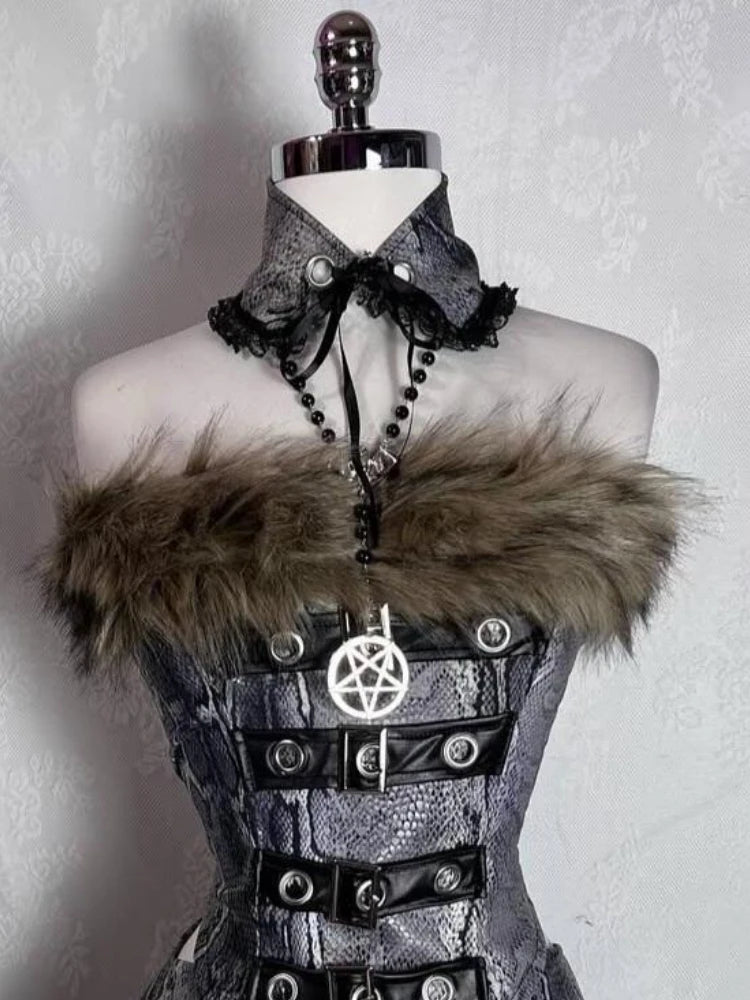 Summer Gothic Retro Fur Trim Corset Design Woman Suit Y2k Slim Lolita Elegant 2 Piece Sets Female Korea Style Sexy Outfits