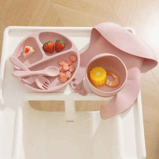 5Pcs Baby Silicone Feeding Set Round Dining Plate Sucker Bowl Dishes For Kids Waterproof Bib Children's Tableware Straw Cup