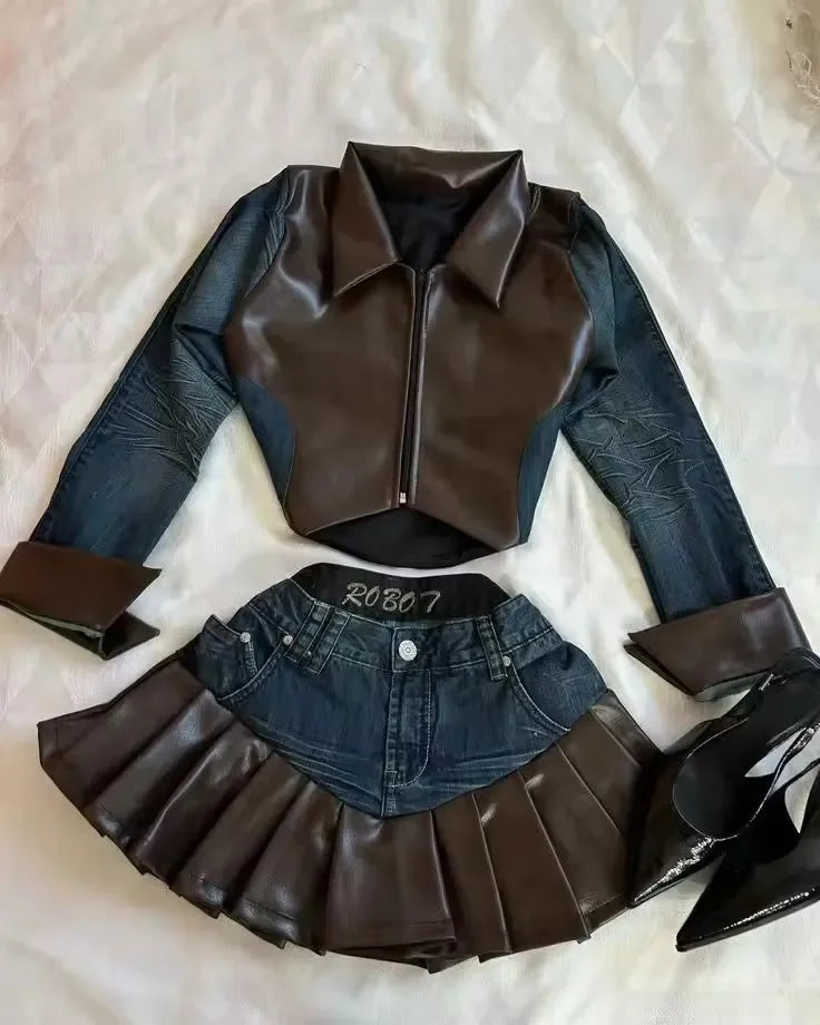 Harajuku Black Y2k Mini Skirt Sets Denim Splicing Leather Two Piece Sets Women Outfits Sexy Girl Gothic Camisole Tops Streetwear