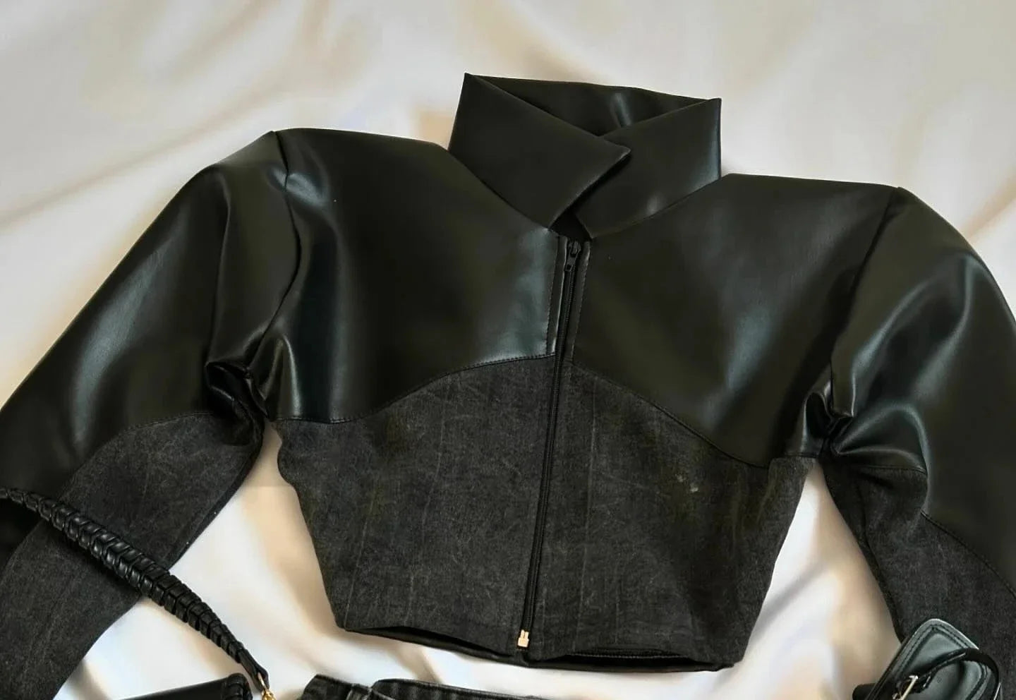 Harajuku Black Y2k Mini Skirt Sets Denim Splicing Leather Two Piece Sets Women Outfits Sexy Girl Gothic Camisole Tops Streetwear