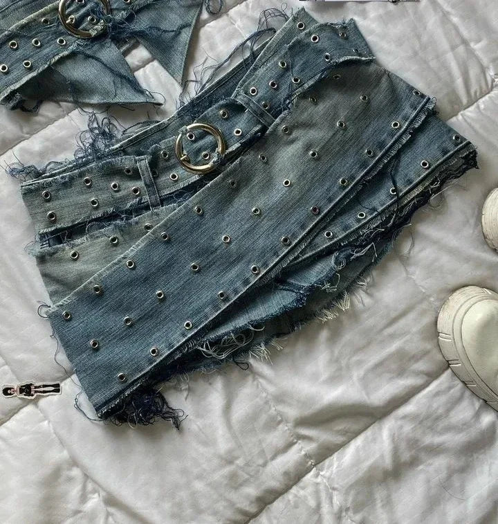 Harajuku Black Y2k Mini Skirt Sets Denim Splicing Leather Two Piece Sets Women Outfits Sexy Girl Gothic Camisole Tops Streetwear