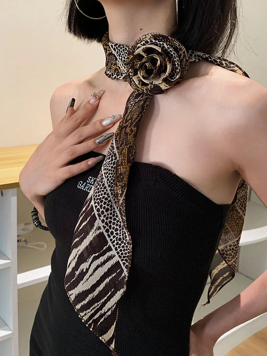 Three Dimensional Rose Chiffon Silk Scarf With Leopard Print Women's Scarf y2k Scarf Retro Angled Scarf Tied Headband