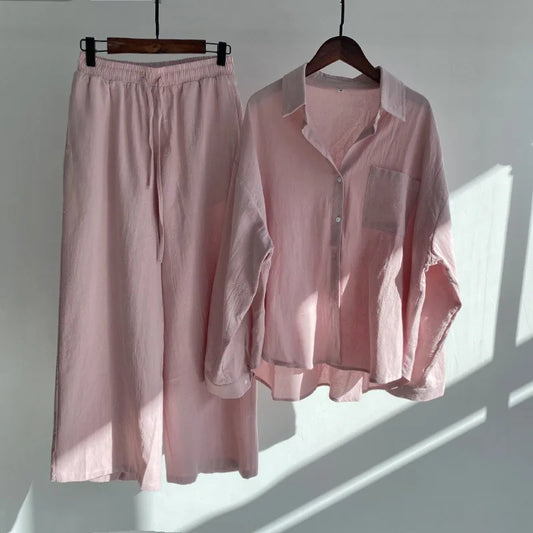 Modest Muslim Women Sets Ensemble Two Pieces Single-Breasted Button Shirt Solid Blouses & Wide-Leg Pants Arab Islam Spring
