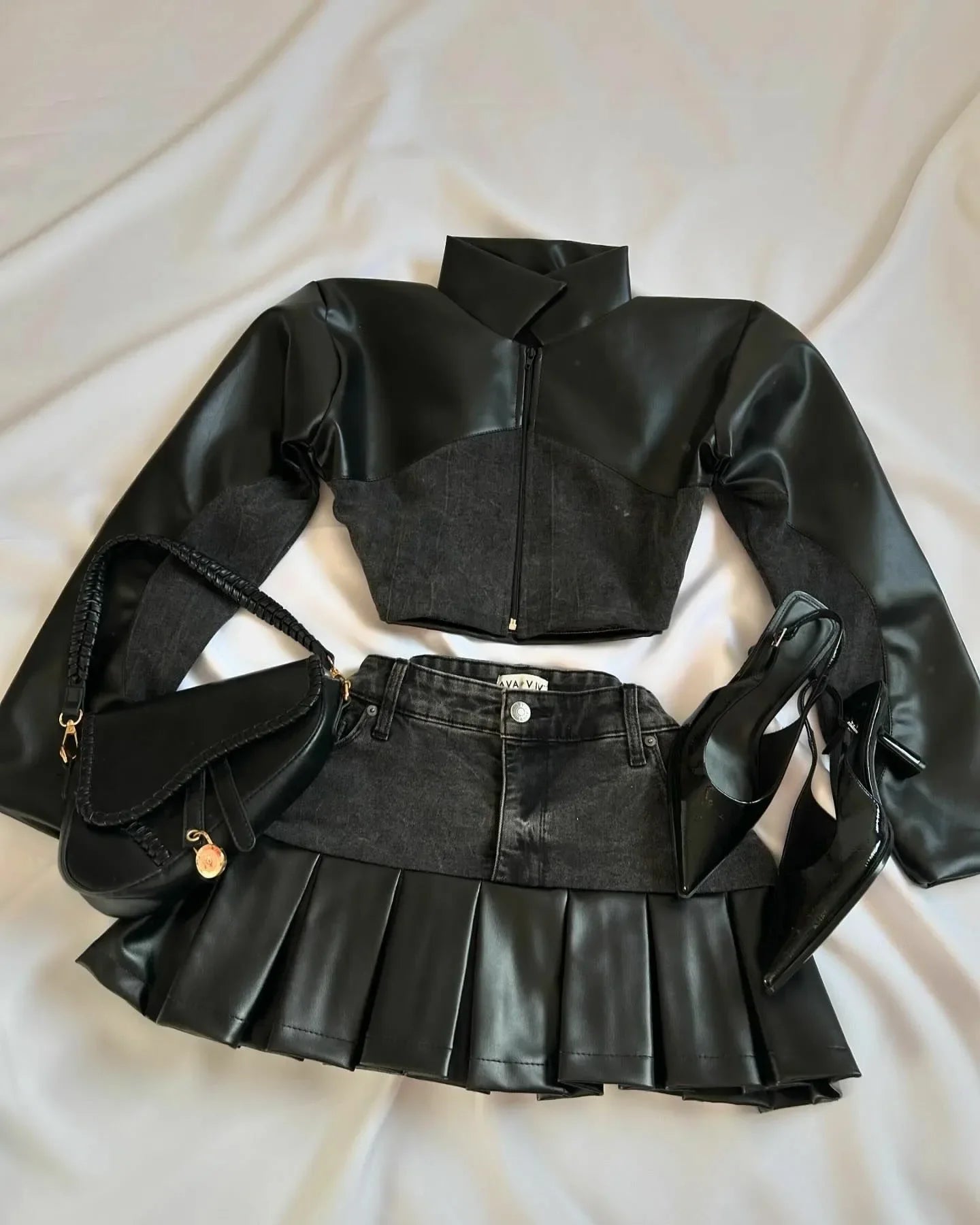 Harajuku Black Y2k Mini Skirt Sets Denim Splicing Leather Two Piece Sets Women Outfits Sexy Girl Gothic Camisole Tops Streetwear