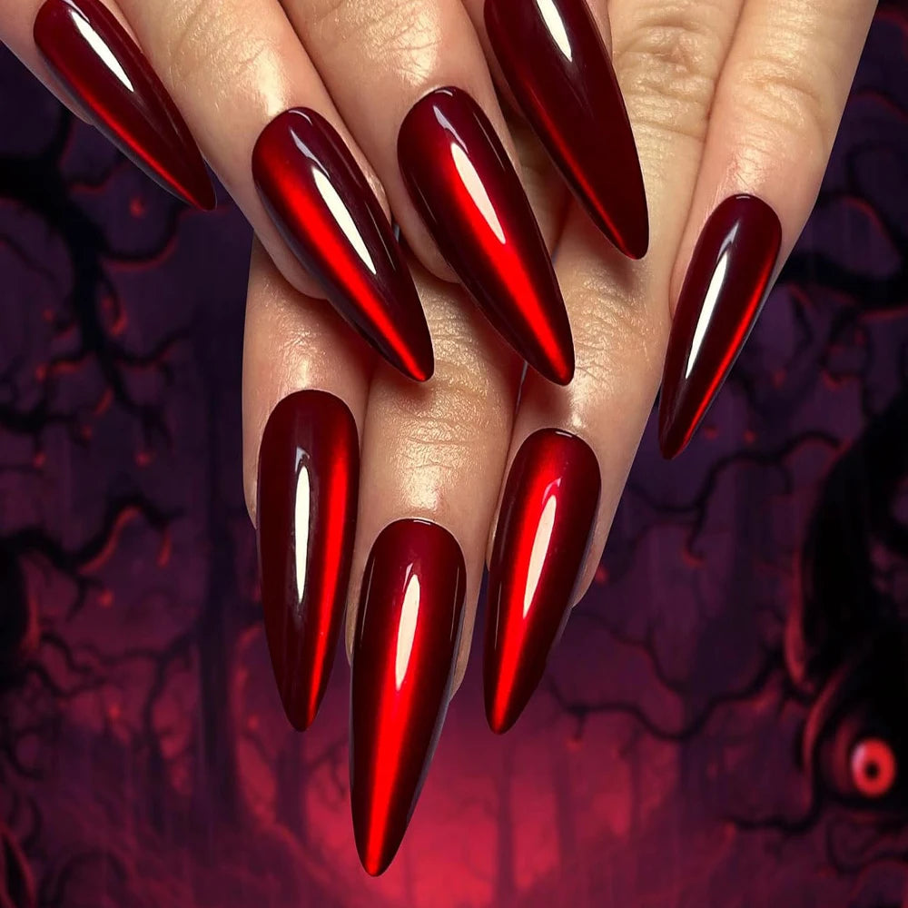 30Pcs Halloween Glossy Red Long Almond Press On Nails XS/S/M Cat's Eye Fake Nail Y2K False Fingertips for Party Festival Wear *&