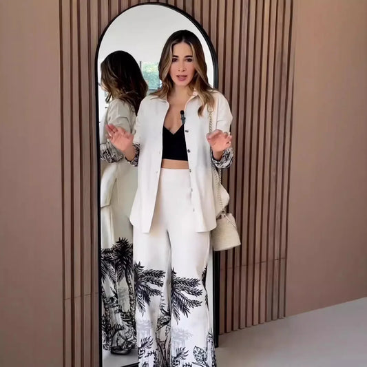 Muslim Two Piece Set Women Print Shirt Single Breasted Blouse Wide Leg Pants Suit Dubai Arabic Outfits Morocco Islam Ensemble