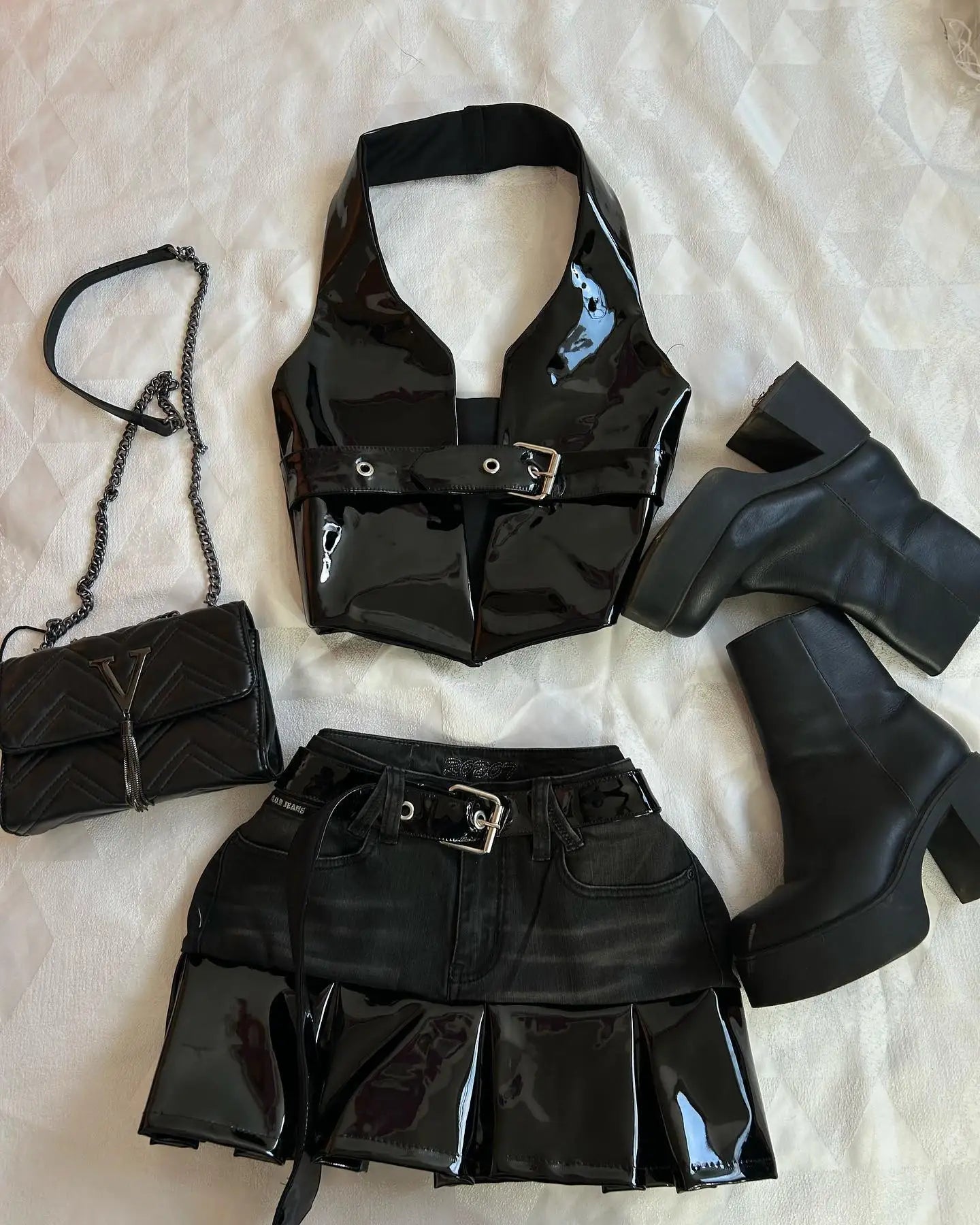 Harajuku Black Y2k Mini Skirt Sets Denim Splicing Leather Two Piece Sets Women Outfits Sexy Girl Gothic Camisole Tops Streetwear
