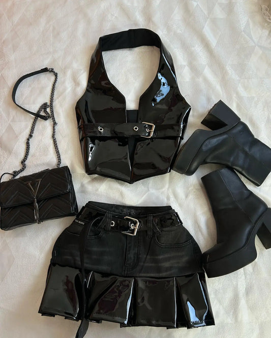 Harajuku Black Y2k Mini Skirt Sets Denim Splicing Leather Two Piece Sets Women Outfits Sexy Girl Gothic Camisole Tops Streetwear