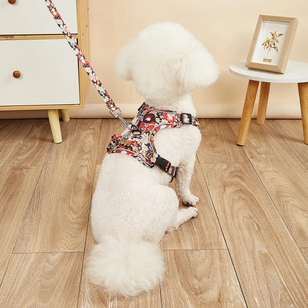 Fashion Printed Puppy Dog Harness and Leash Set Reflective Breathable Pet Outdoor Walking Supplies for Small Medium Dogs