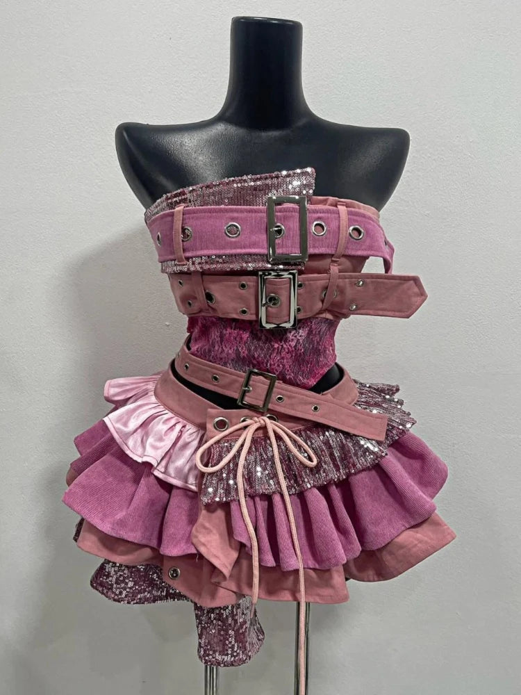 Summer Gothic Retro Fur Trim Corset Design Woman Suit Y2k Slim Lolita Elegant 2 Piece Sets Female Korea Style Sexy Outfits