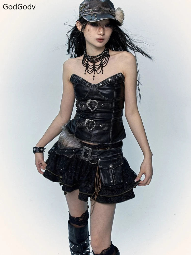 Summer Gothic Retro Fur Trim Corset Design Woman Suit Y2k Slim Lolita Elegant 2 Piece Sets Female Korea Style Sexy Outfits